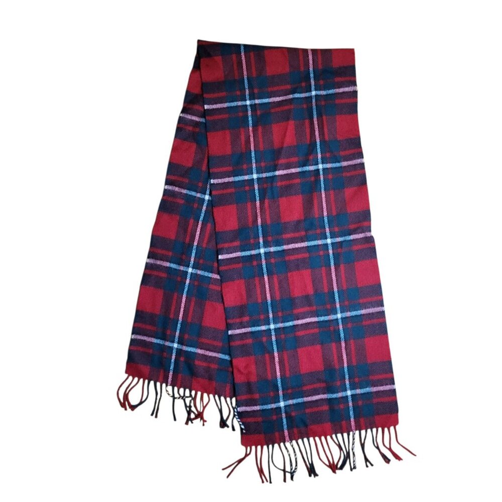 James Pringle Weavers 100% Lambswool Fringed Muffler Scarf Red Tartan Plaid